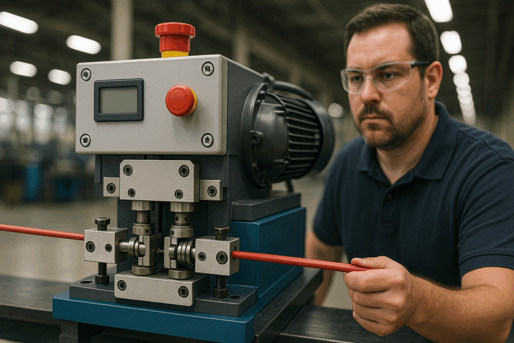 Man using an inline wire stripping machine